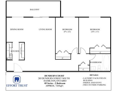 A floor plan of a 05 series apartment in Hamilton, Ontario.
